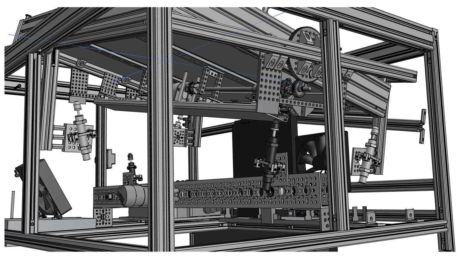 Close-up CAD viewport of the drivetrain: a large gear and pinion at the right, a drive shaft running across the frame, adjustable linkages on perforated plates, and the motor on its mount.