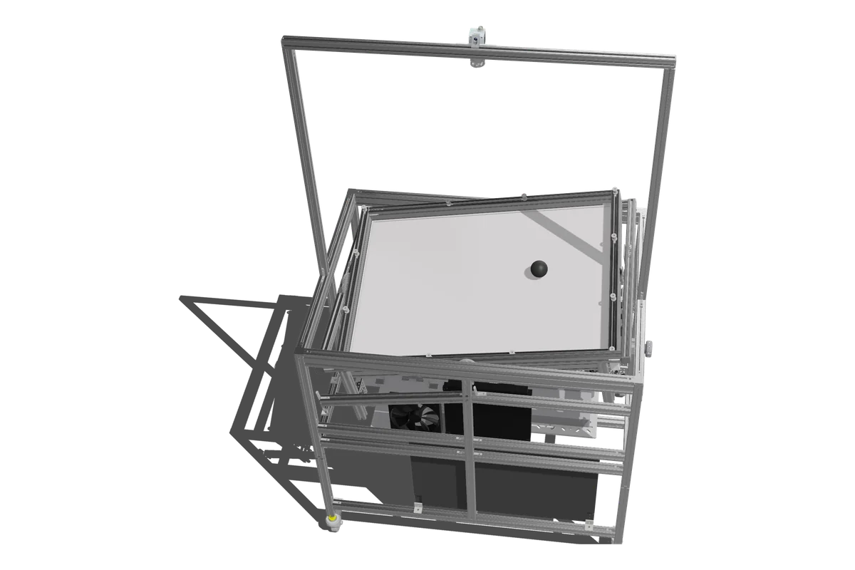CAD render of the ball-on-plate demonstrator: an aluminium-profile frame carrying a tilting rectangular plate with a ball on it, and a camera on an arm above.