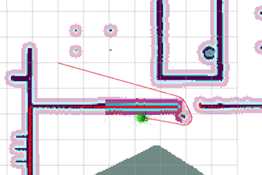The same detail with the same start and goal: the two legs have been replaced by one straight red line at a shallow angle running the whole way to the corridor mouth.