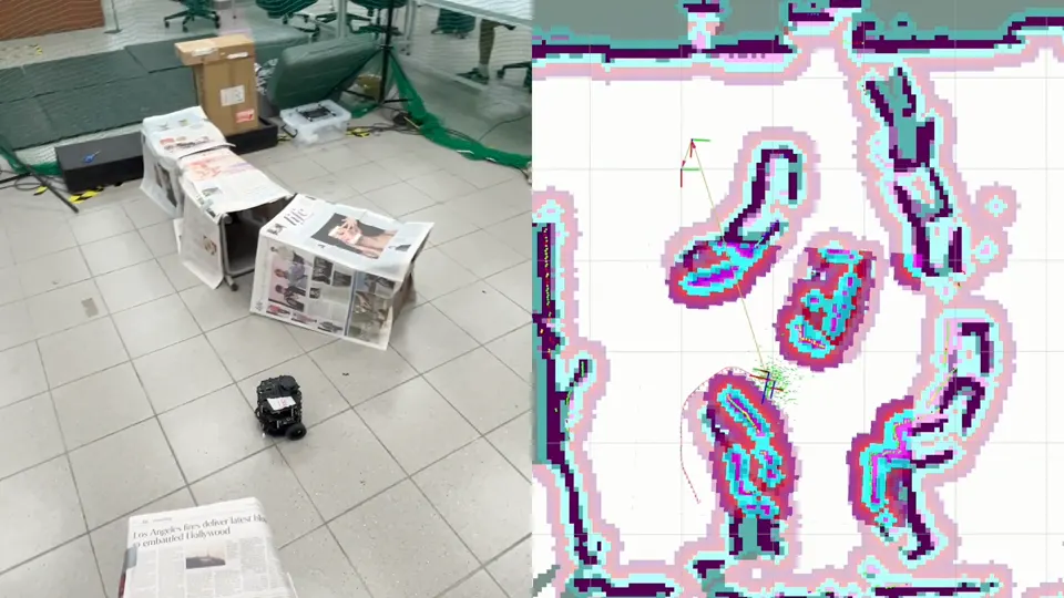 Split screen: a TurtleBot driving between cardboard boxes on the left, the same room as a costmap with a planned path on the right.