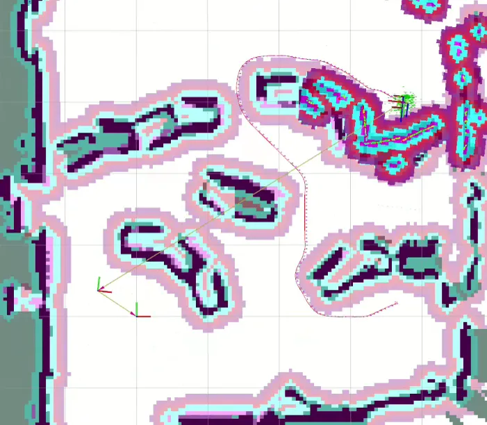 RViz view of the lab map built by SLAM: ragged dark obstacle outlines with inflation bands around them, and a thin planned path curving from the robot at the top right around two obstacles towards the goal.
